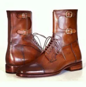 New Handmade Dark Tan Leather High Ankle Boots for Men