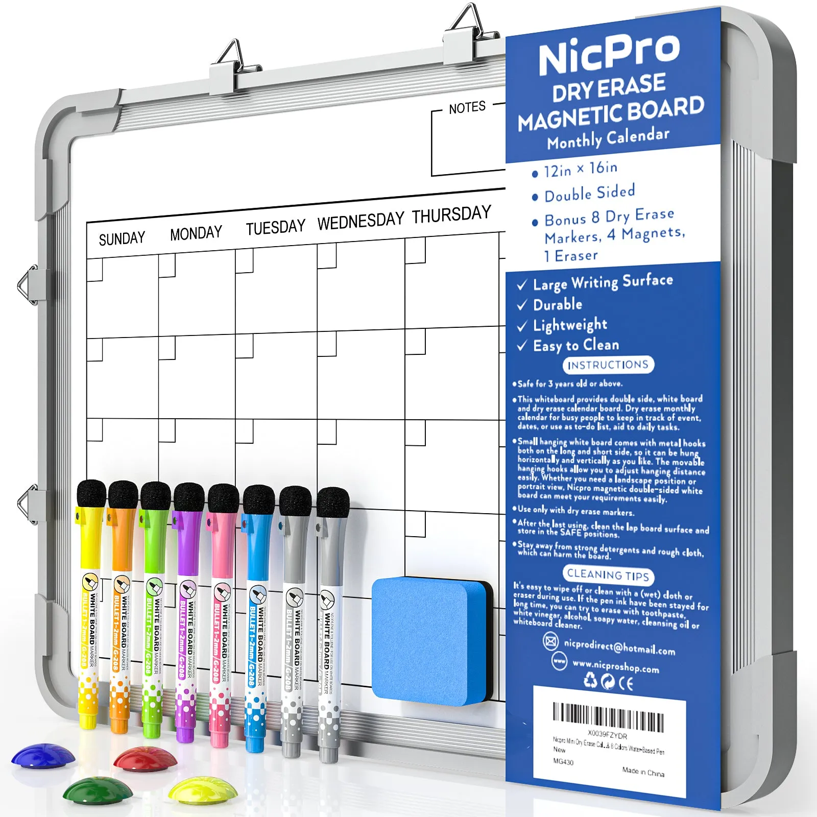 Nicpro Monthly Calendar Dry Erase Whiteboard for Wall, 12 x 16 inch Magnetic Hanging Double-Sided Large White Board with 8 Pens, 1 Eraser, 4 Magnets Portable Board for Planning Memo School Home Office
