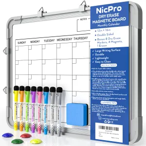 Nicpro Monthly Calendar Dry Erase Whiteboard for Wall, 12 x 16 inch Magnetic Hanging Double-Sided Large White Board with 8 Pens, 1 Eraser, 4 Magnets Portable Board for Planning Memo School Home Office