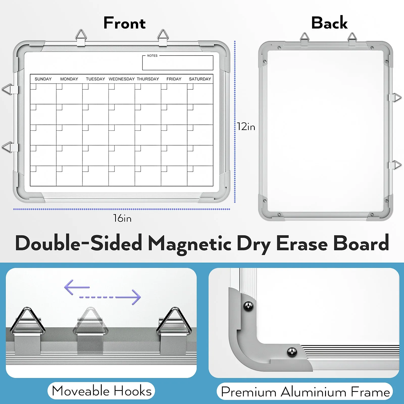 Nicpro Monthly Calendar Dry Erase Whiteboard for Wall, 12 x 16 inch Magnetic Hanging Double-Sided Large White Board with 8 Pens, 1 Eraser, 4 Magnets Portable Board for Planning Memo School Home Office