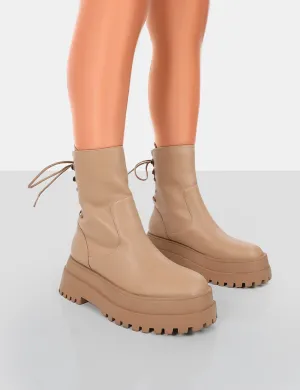 Noelle Camel Chunky Sole Lace Up Detail Ankle Boots
