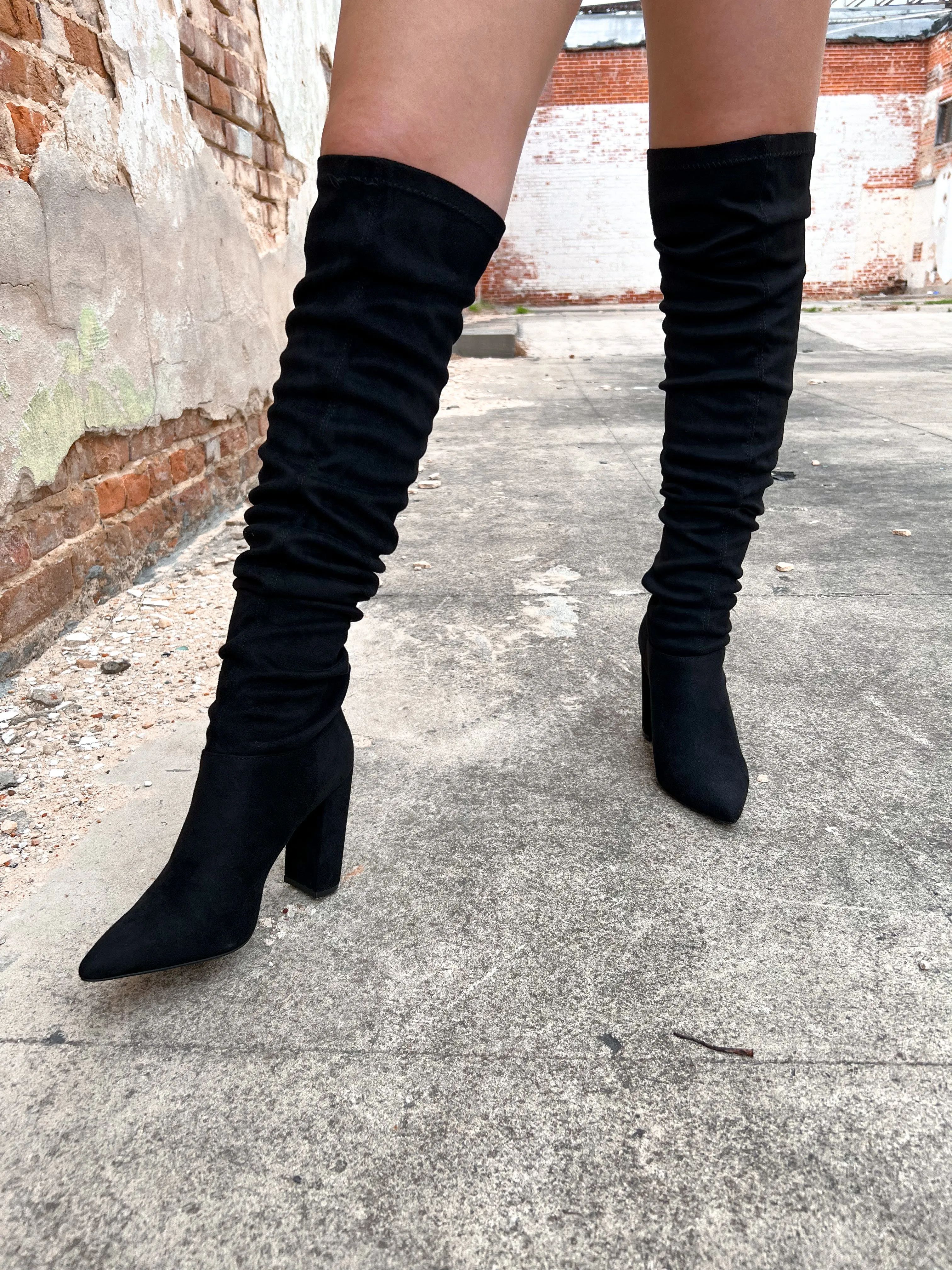 Over the Knee Black Stretch Faux Suede Boots