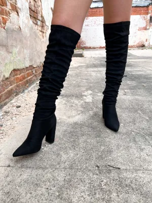 Over the Knee Black Stretch Faux Suede Boots