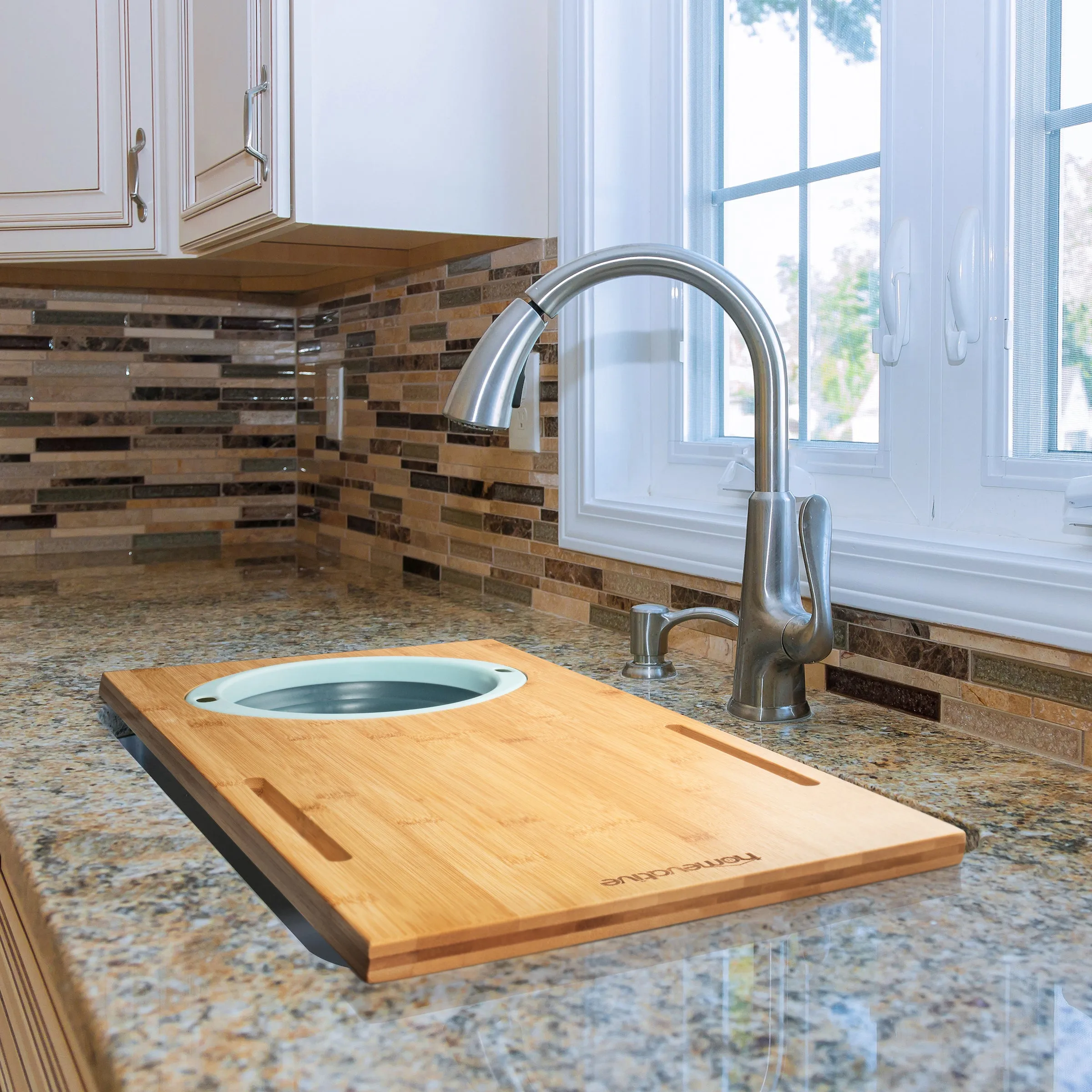 Over the Sink Bamboo Cutting Board with Collapsible / Removable Strainer
