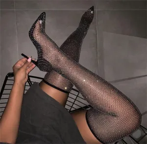 Party Mesh Rhinestone Cutout Sock Over Knee Boots