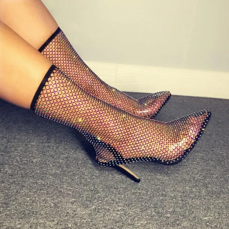 Party Mesh Rhinestone Cutout Sock Over Knee Boots