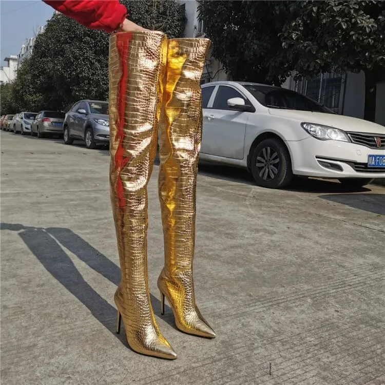 Party PU Gold Point Toe High Heel Over Knee Boots