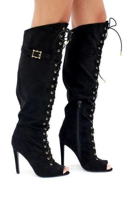 Peep Toe Lace Up Suede Zipper knee High Boots