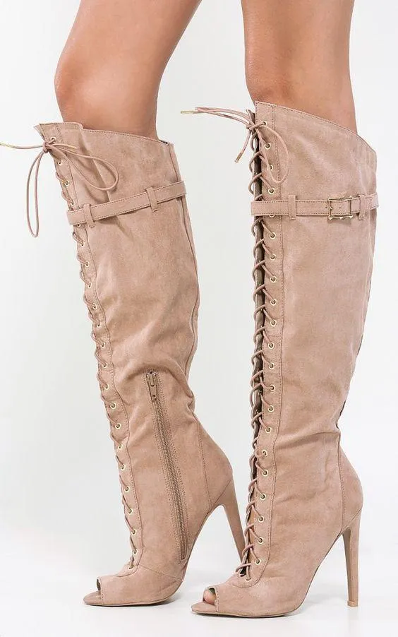 Peep Toe Lace Up Suede Zipper knee High Boots