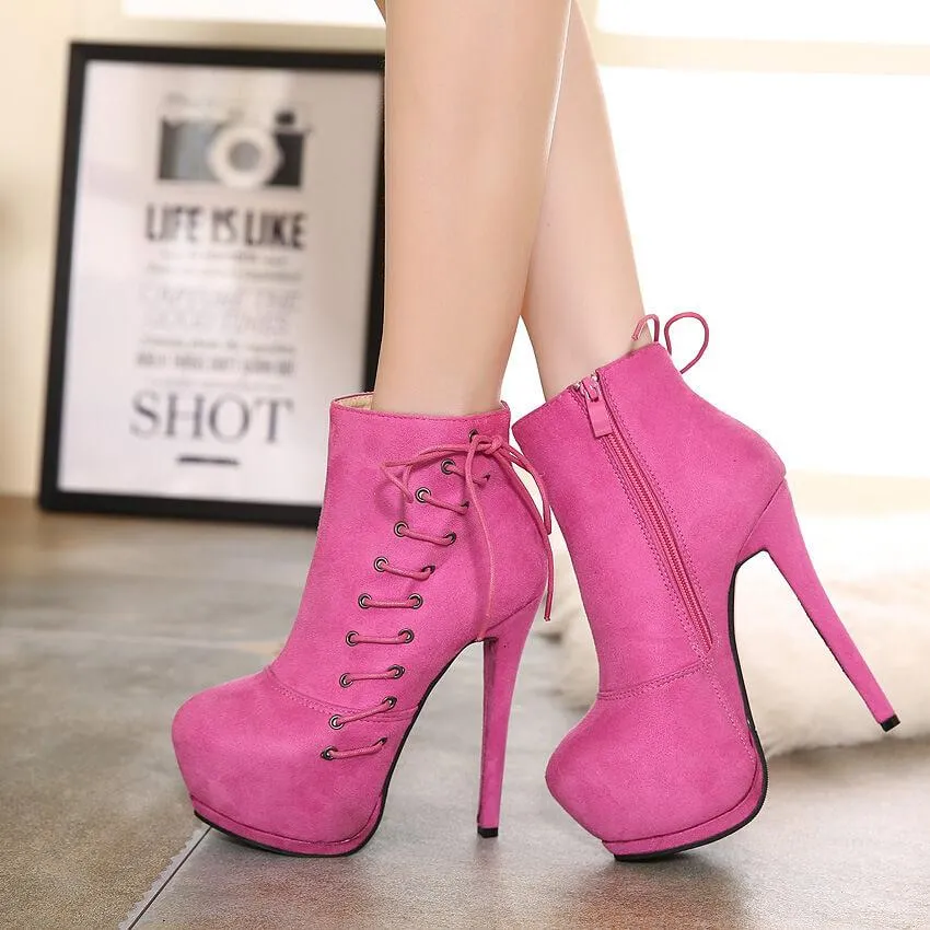 Platform Suede Lace Up High Heel Ankle Boots