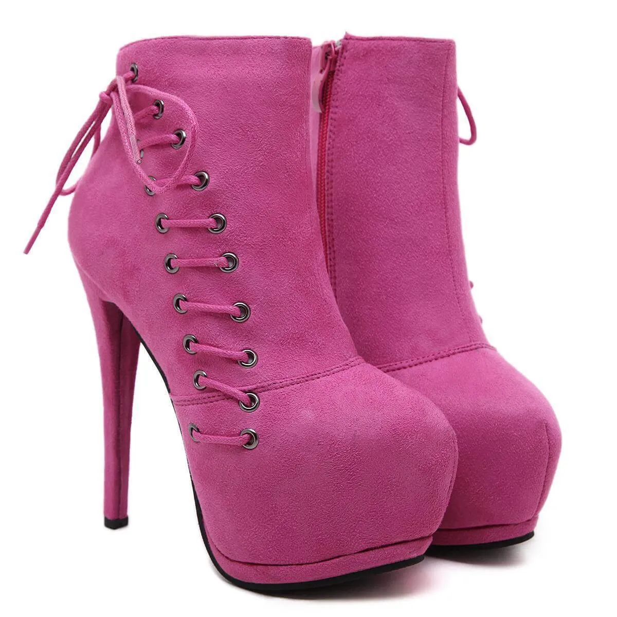 Platform Suede Lace Up High Heel Ankle Boots
