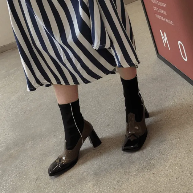 Retro Square Toe Patchwork High Heel Boots