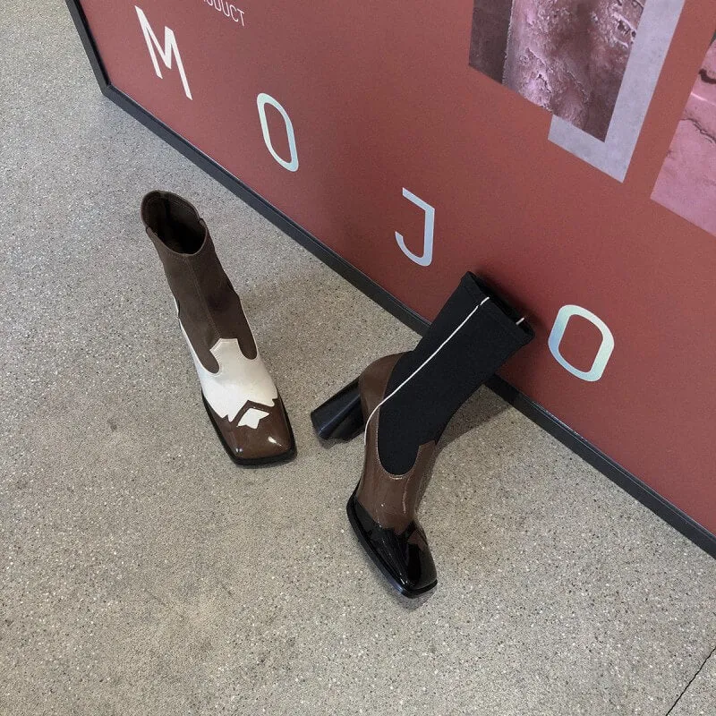 Retro Square Toe Patchwork High Heel Boots