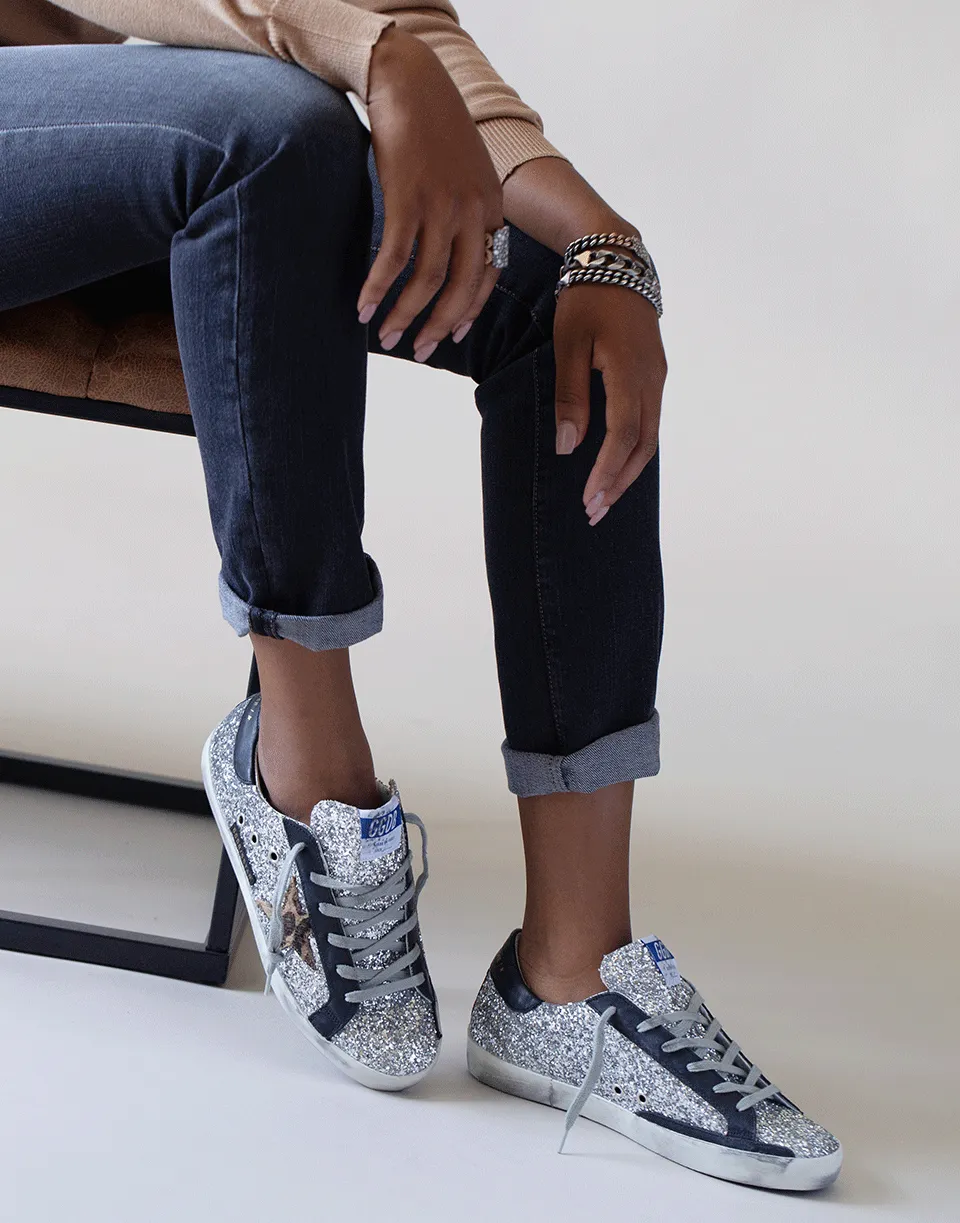 Silver and Beige Brown Superstar Glitter Upper Sneaker
