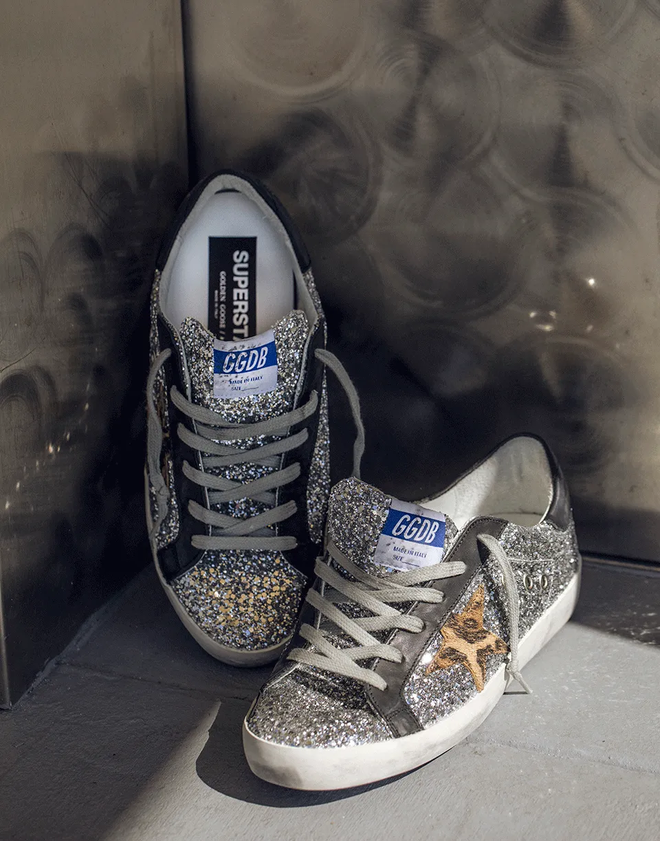 Silver and Beige Brown Superstar Glitter Upper Sneaker
