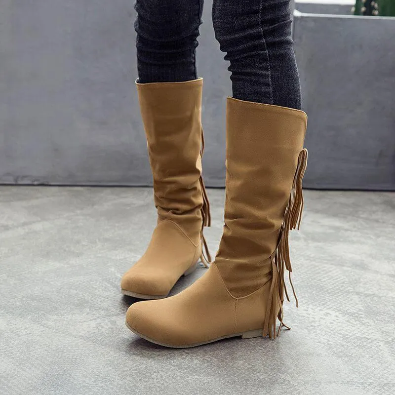 Suede Fringe Knee High Round Toe Boots