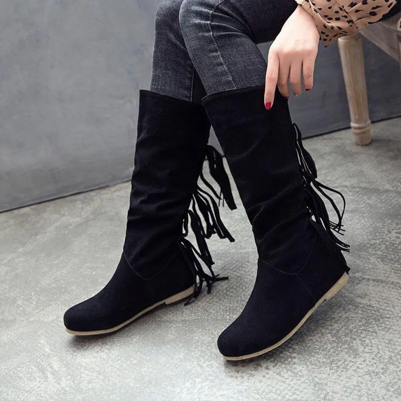 Suede Fringe Knee High Round Toe Boots