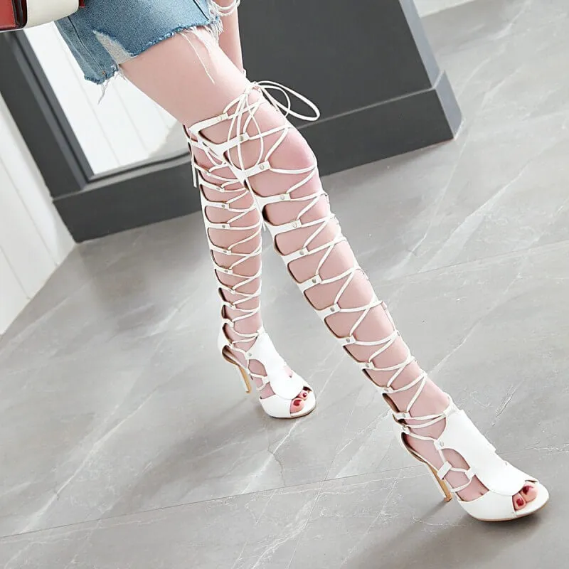 Summer Cutout Peep Toe Strap High Heel knee High Boots