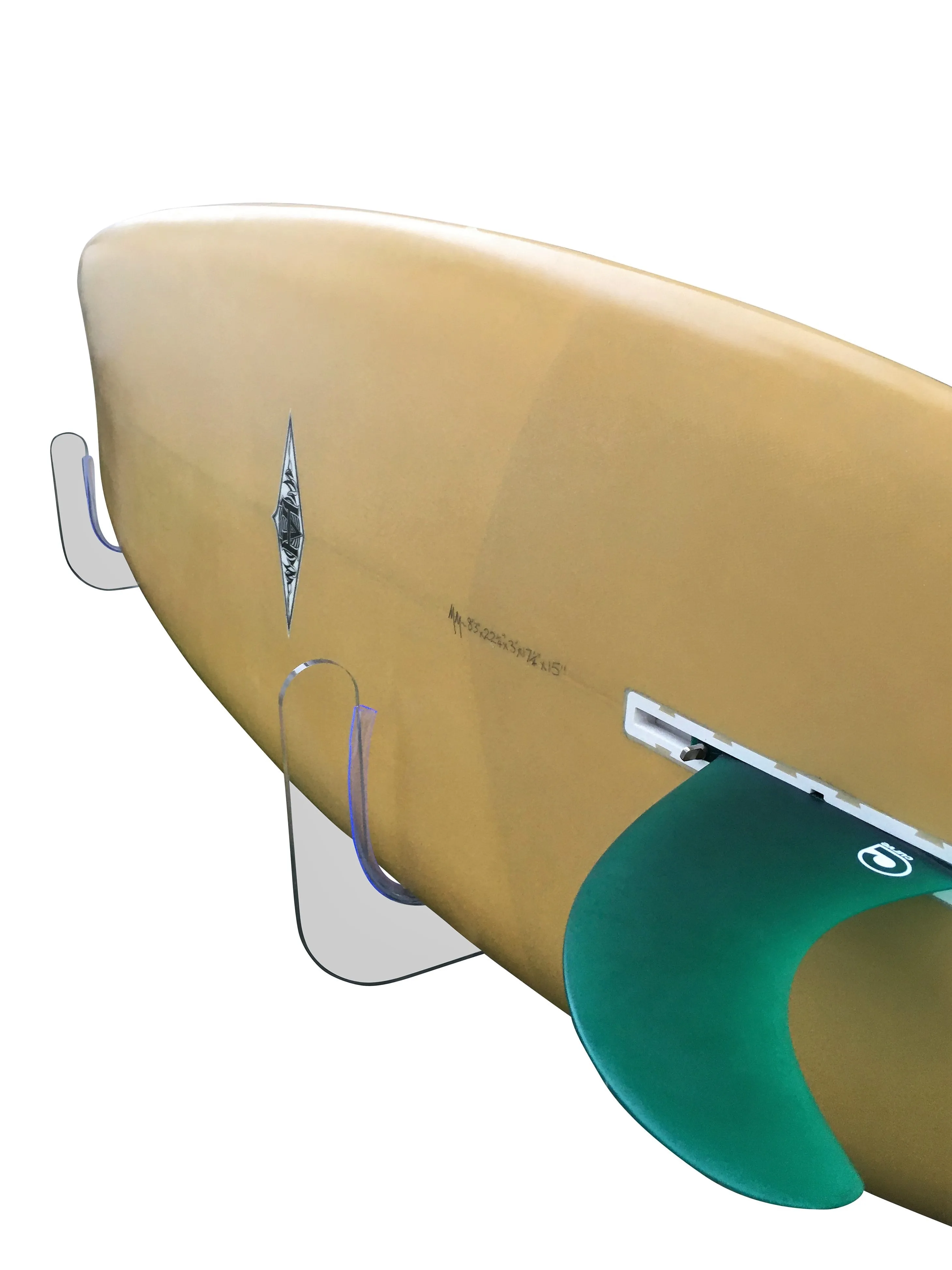 Surfboard Wall Rack RAIL UP - Fins up to 6" - Clear Mount Acrylic