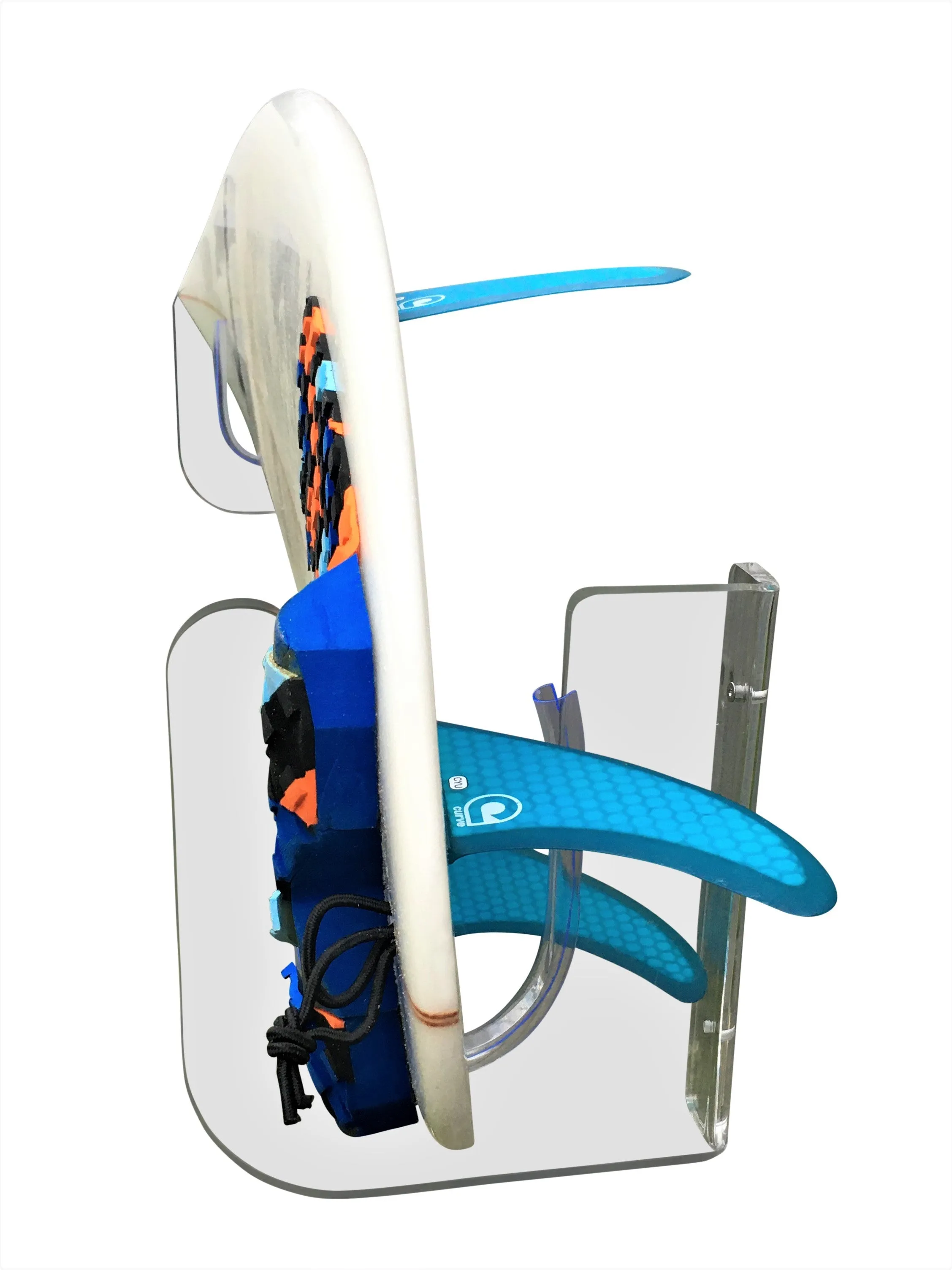 Surfboard Wall Rack RAIL UP - Fins up to 6" - Clear Mount Acrylic