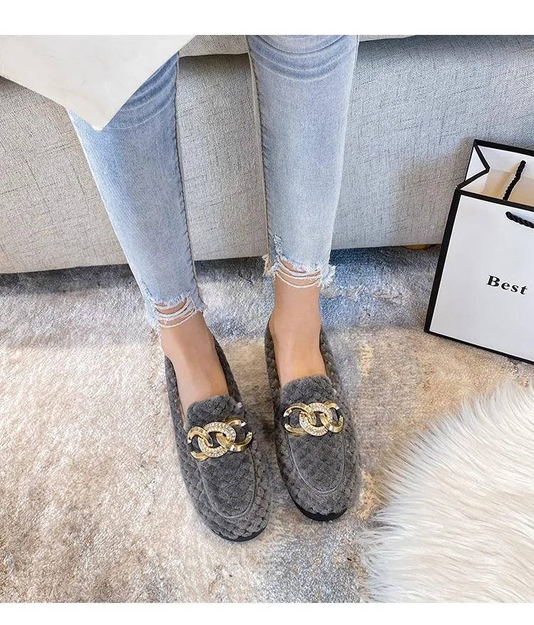 vanccy Furry Flats Loafers Fu61
