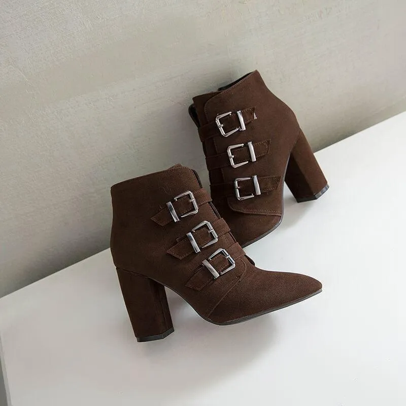 Winter Point Toe Suede Buckle Ankle Boots