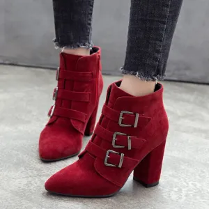 Winter Point Toe Suede Buckle Ankle Boots