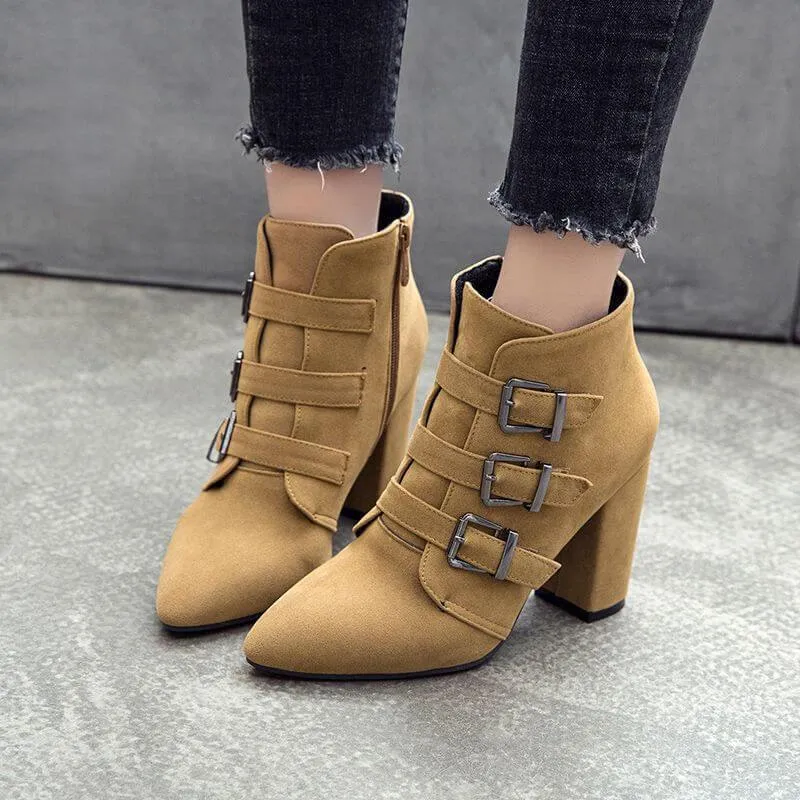 Winter Point Toe Suede Buckle Ankle Boots