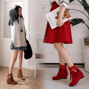 Winter Suede Flat Fringe Buckle Calf Boots