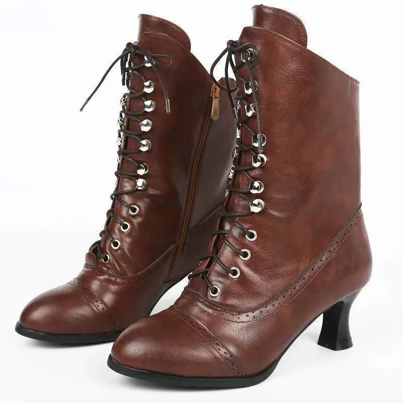Women chunky heel side zipper lace up short boots