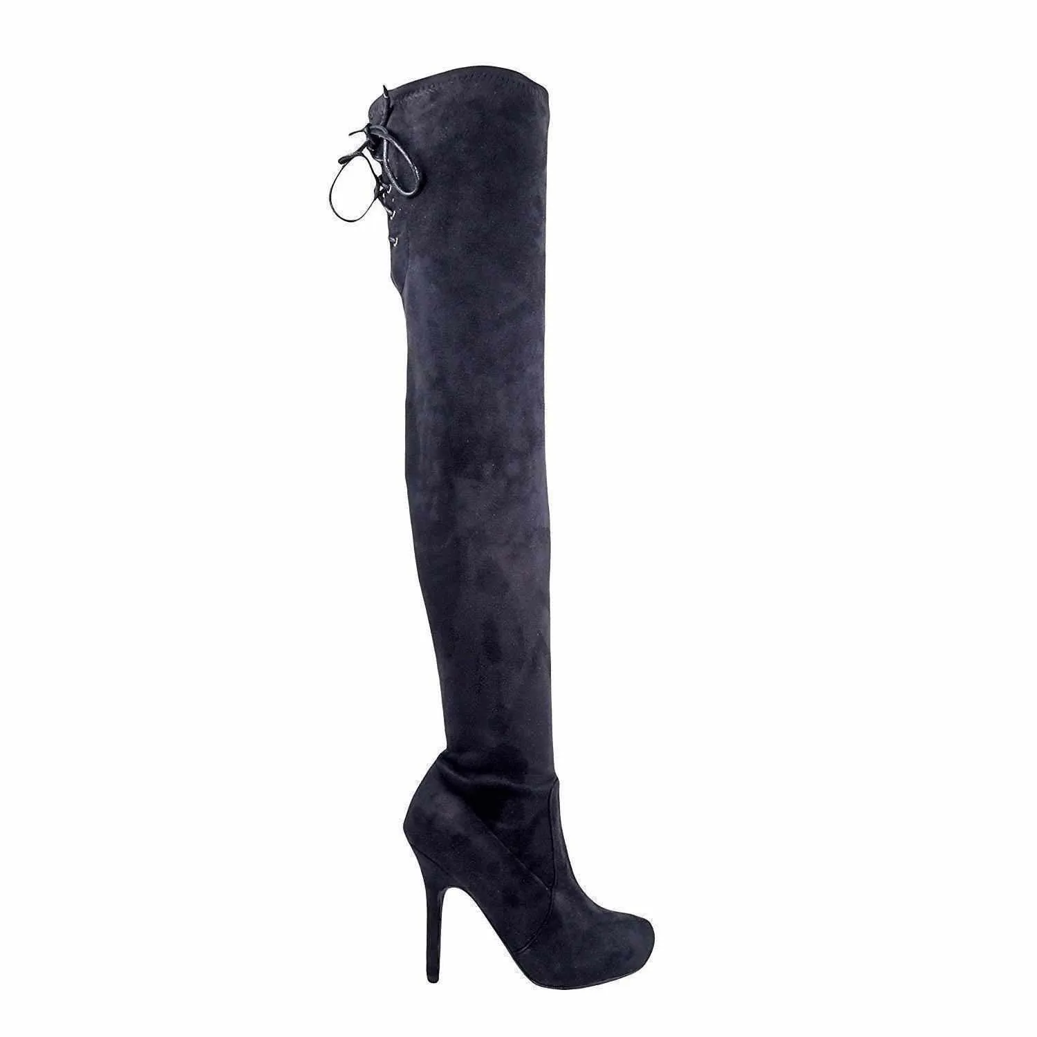 Women's Black Faux Suede Platform Thigh High Boots