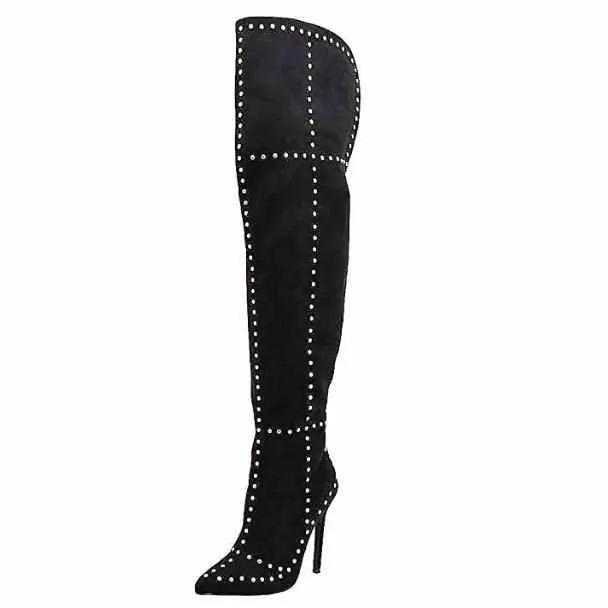 Women's Black Faux Suede Studded Thigh High Boots