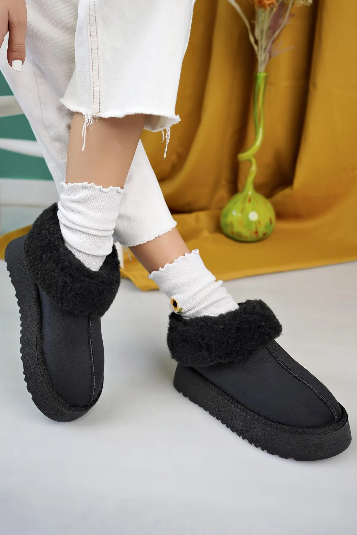Women's Black Suede Half Boots Thick Sole Furry Inside Shoes
