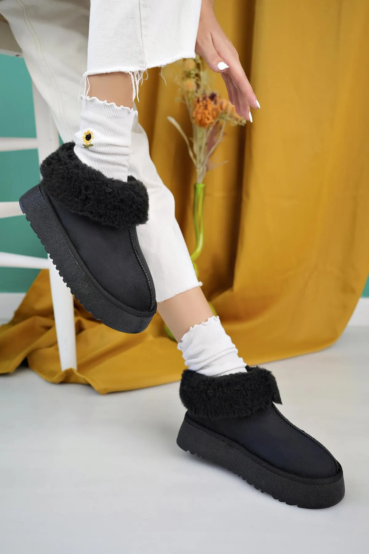 Women's Black Suede Half Boots Thick Sole Furry Inside Shoes