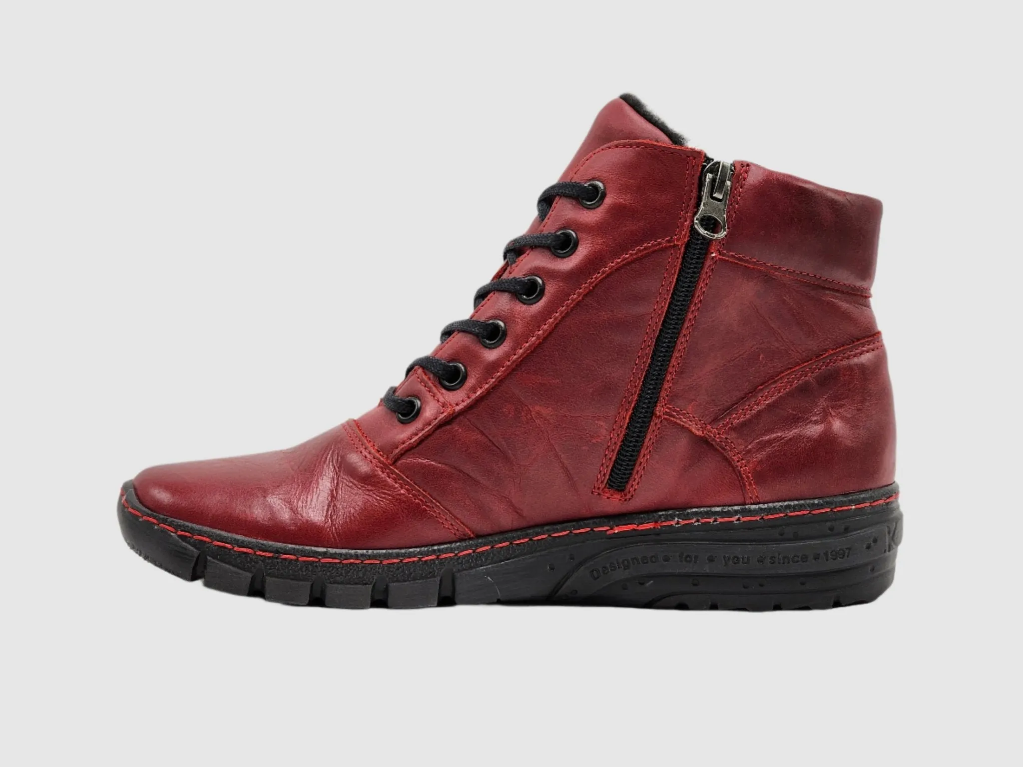 Women's Everyday Fur-Lined Zip-Up Leather Boots - Red