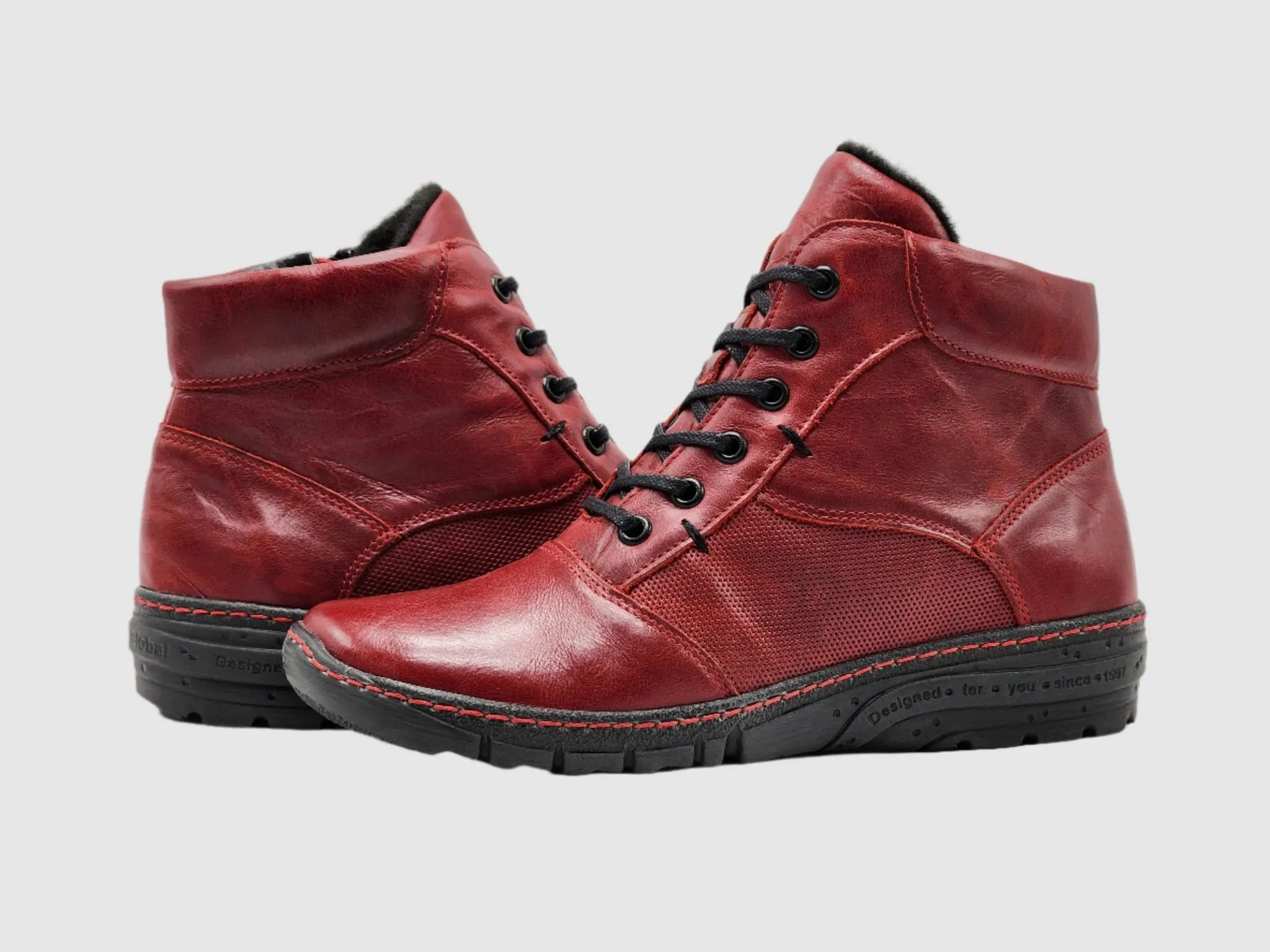 Women's Everyday Fur-Lined Zip-Up Leather Boots - Red