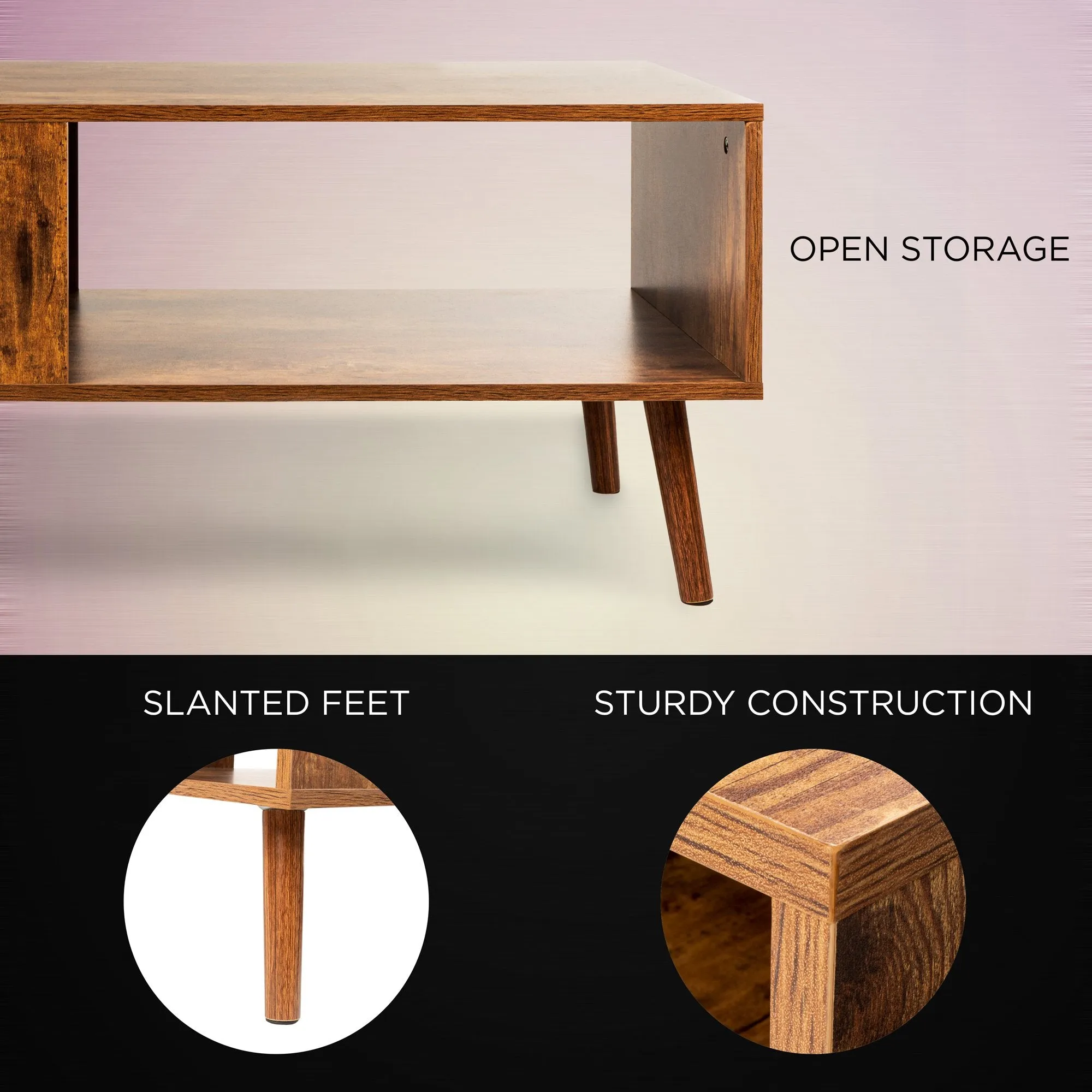 Wooden Mid-Century Modern Retro  Coffee Accent Table w/ Open Storage Shelf