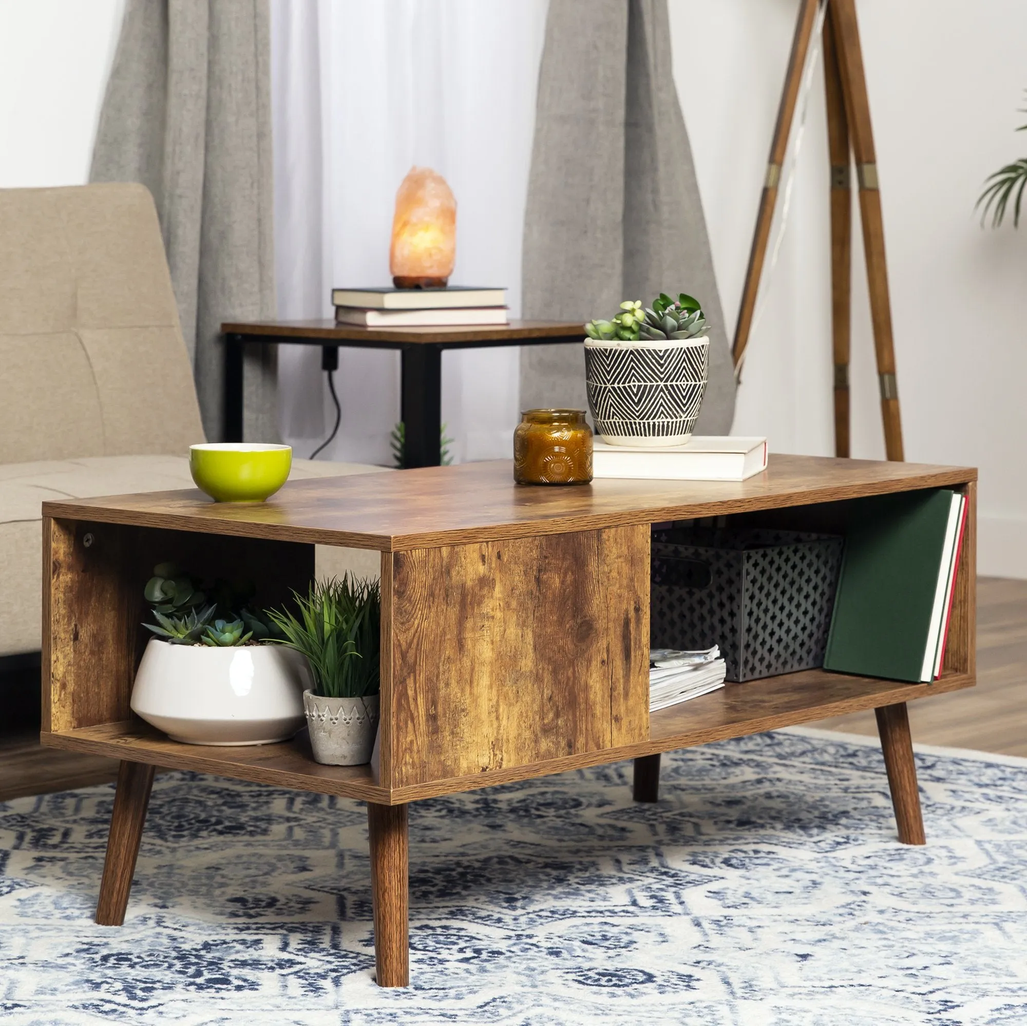 Wooden Mid-Century Modern Retro  Coffee Accent Table w/ Open Storage Shelf