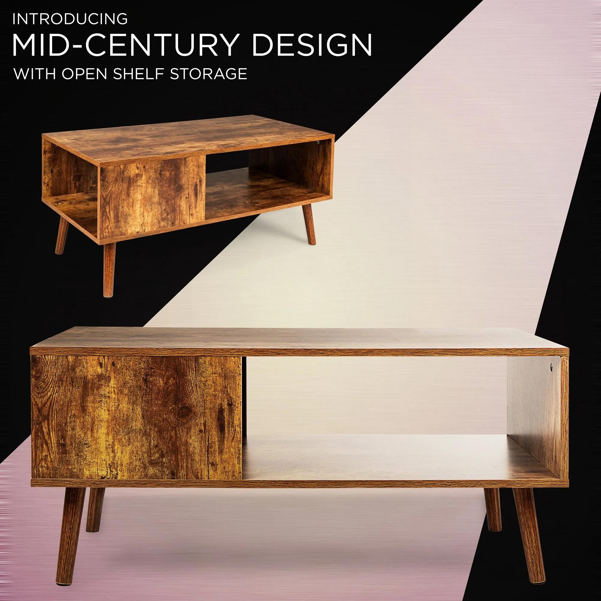 Wooden Mid-Century Modern Retro  Coffee Accent Table w/ Open Storage Shelf