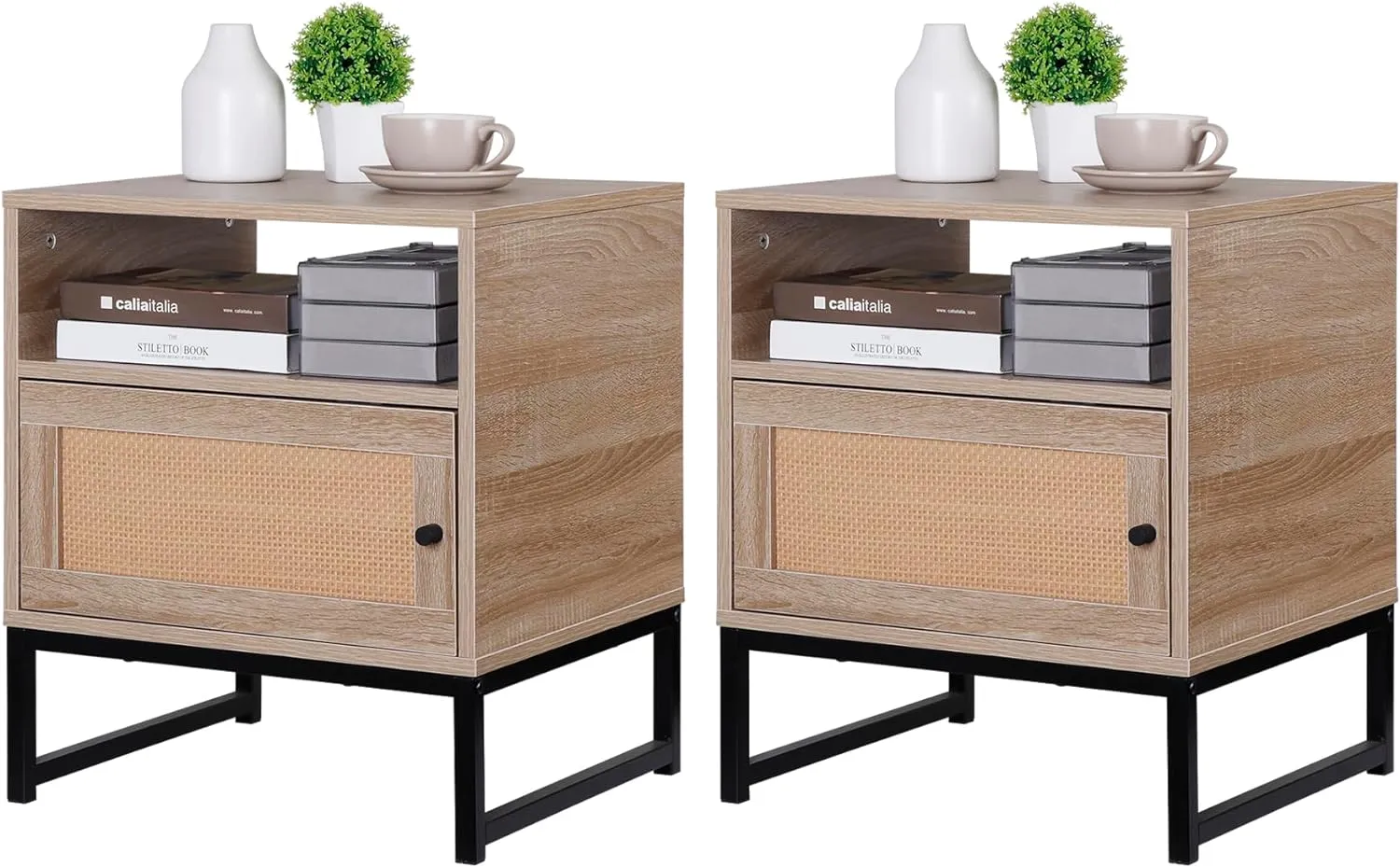 ZENY™ Natural End Table Rattan Nightstand Set of 2, Wood Bedside Table Accent Table with Storage for Living Room Bedroom and Small Spaces, Metal Oak
