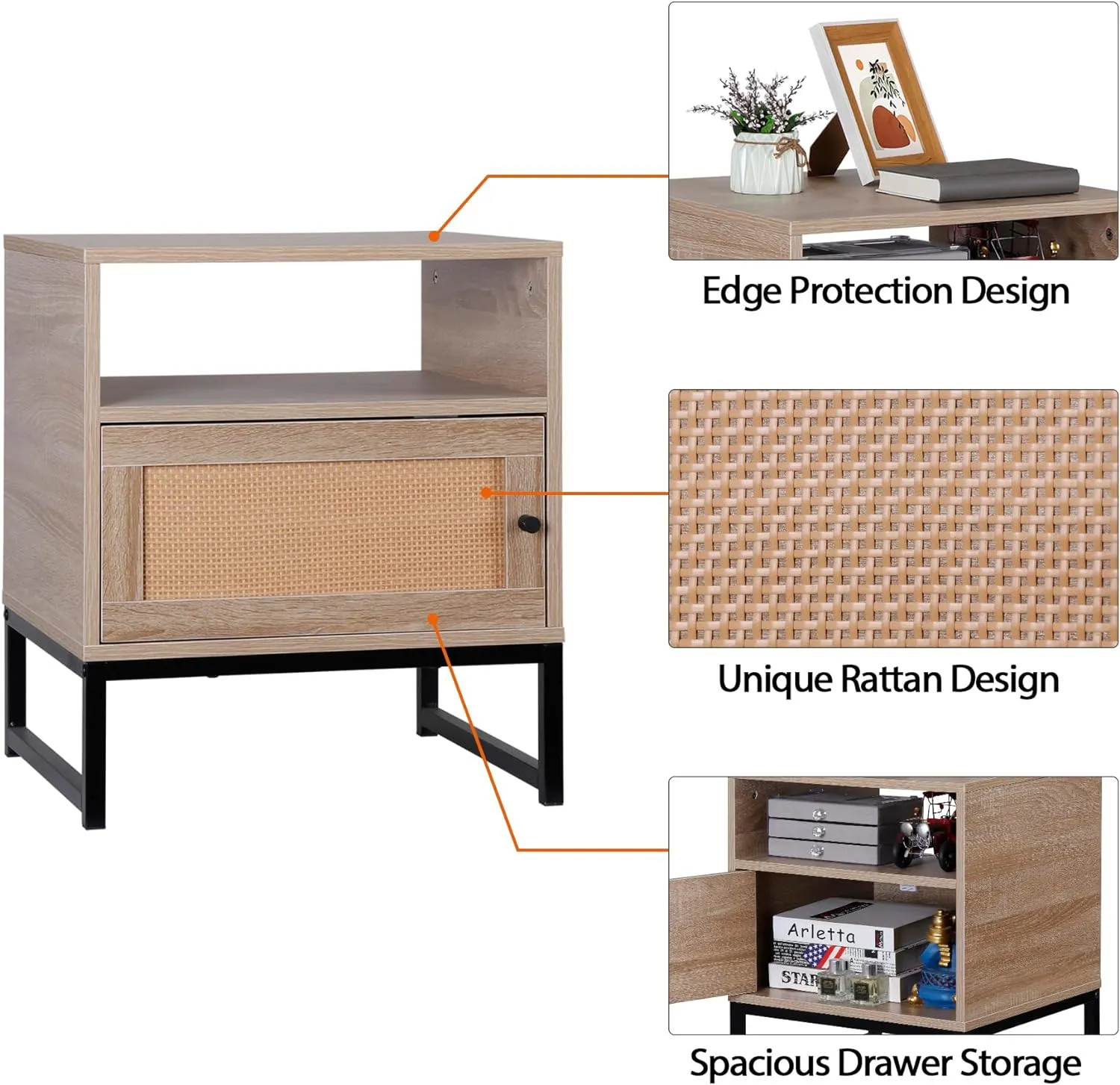 ZENY™ Natural End Table Rattan Nightstand Set of 2, Wood Bedside Table Accent Table with Storage for Living Room Bedroom and Small Spaces, Metal Oak