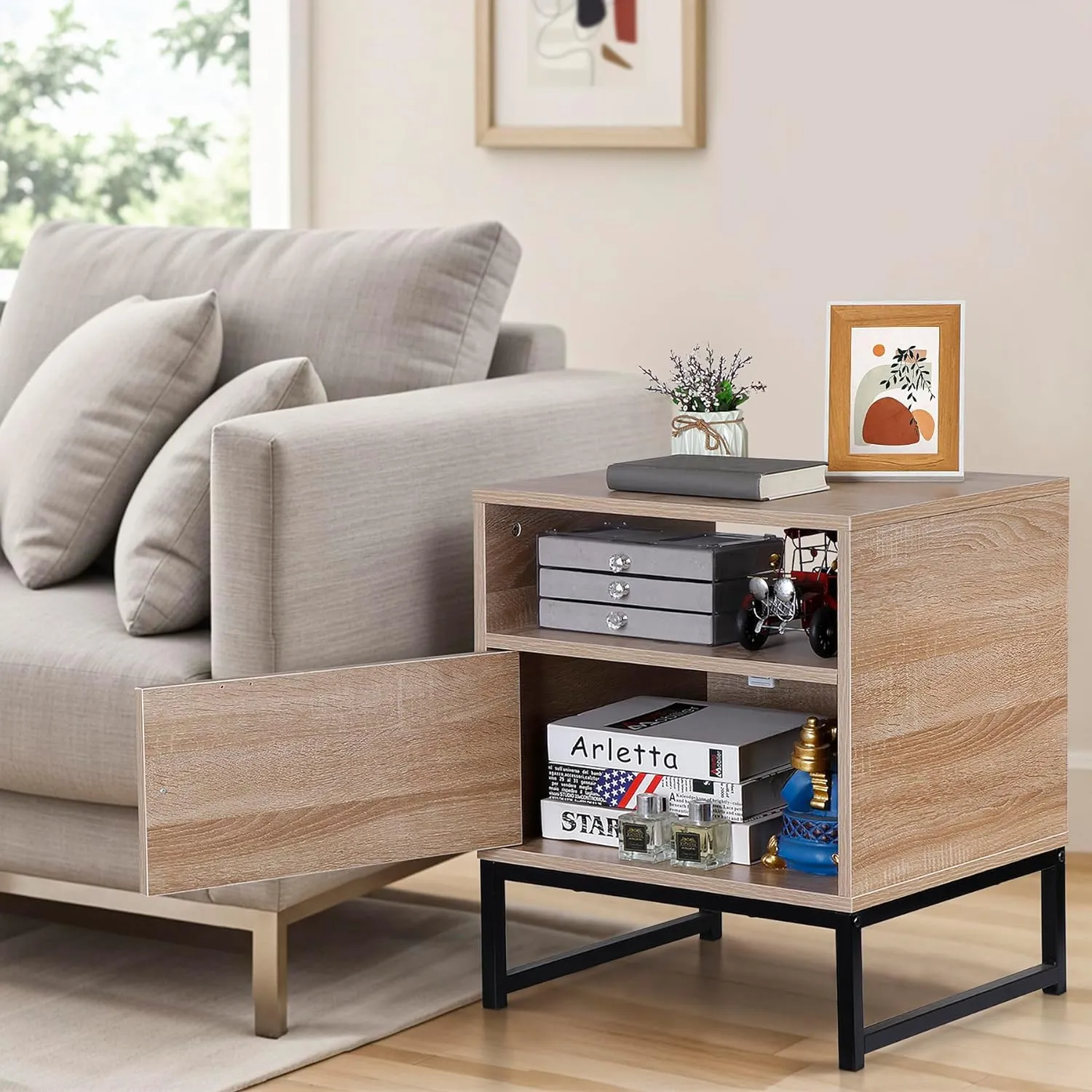 ZENY™ Natural End Table Rattan Nightstand Set of 2, Wood Bedside Table Accent Table with Storage for Living Room Bedroom and Small Spaces, Metal Oak