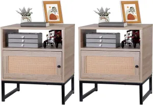 ZENY™ Natural End Table Rattan Nightstand Set of 2, Wood Bedside Table Accent Table with Storage for Living Room Bedroom and Small Spaces, Metal Oak